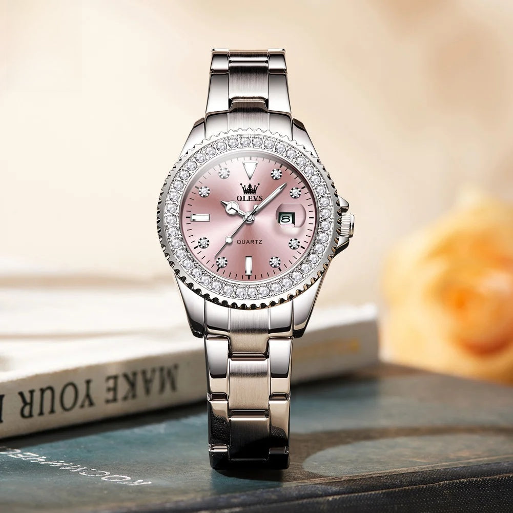 Women's Sunray Dial Zircon Bezel Steel Quartz Watch
