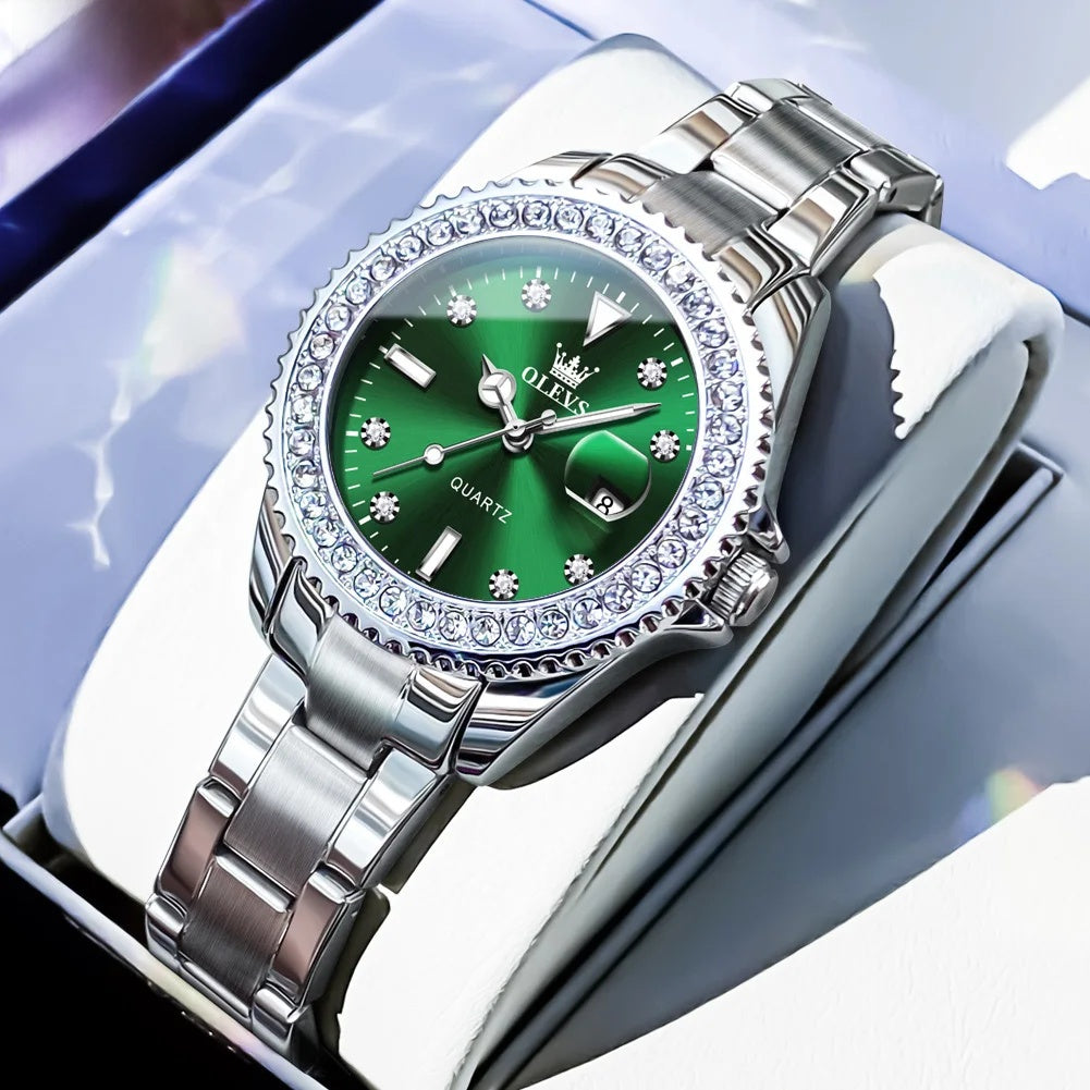 Women's Sunray Dial Zircon Bezel Steel Quartz Watch