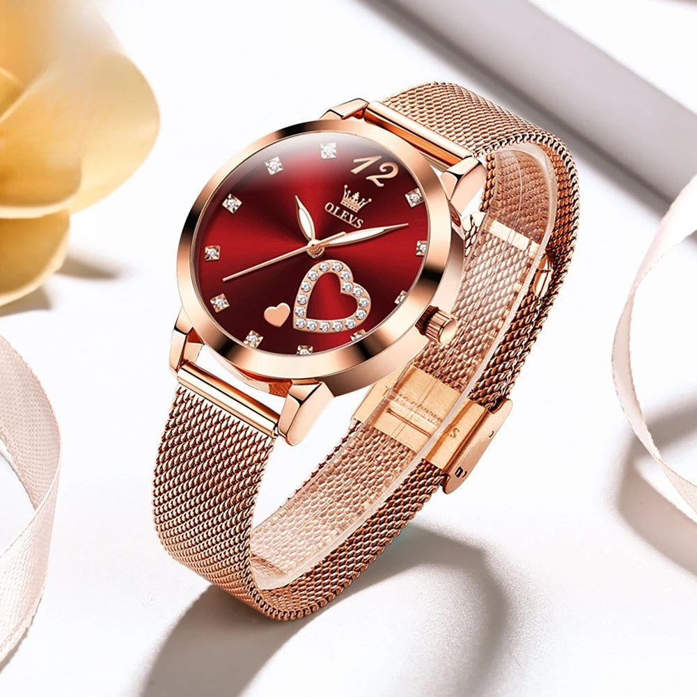 Rose Gold Mesh Women's Watch Heart Crystal Dial Quartz