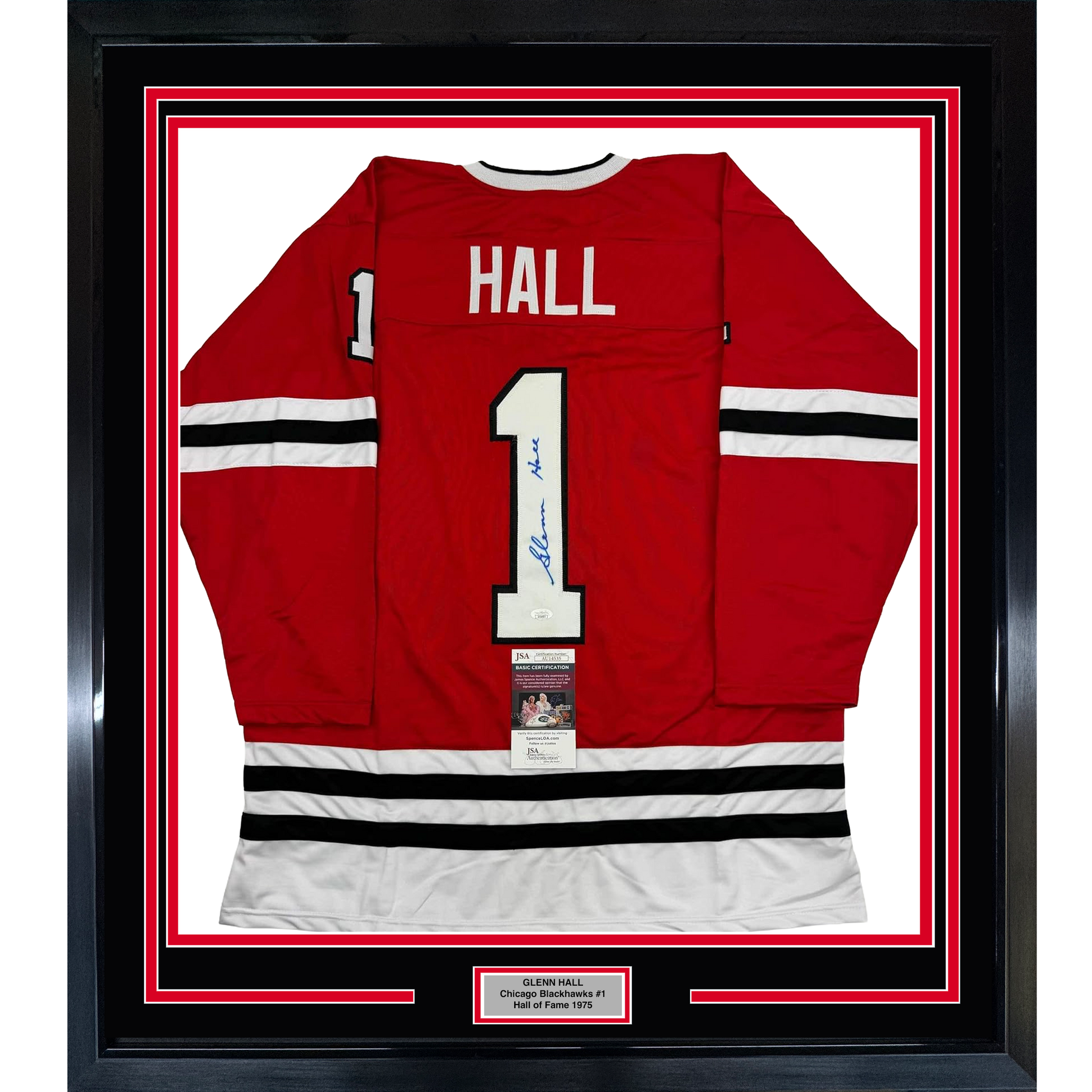 Framed Autographed/Signed Glenn Hall 35x39 Chicago Red Hockey Jersey JSA COA