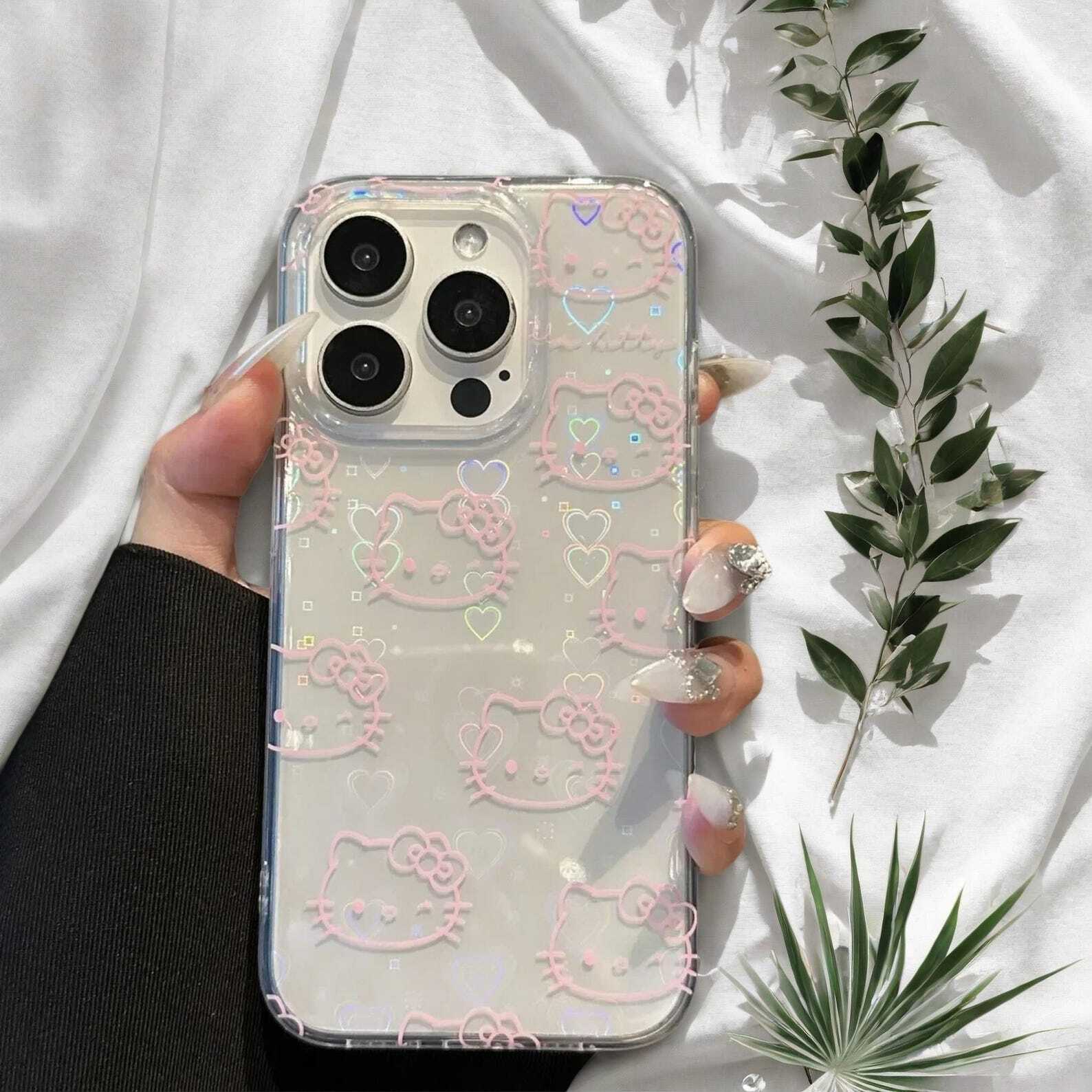 Cute Kawaii Cat Phone Case for iPhone 15 14 13 12 11 Pro Max Plus Pink Laser Protective Cover with Cute Design