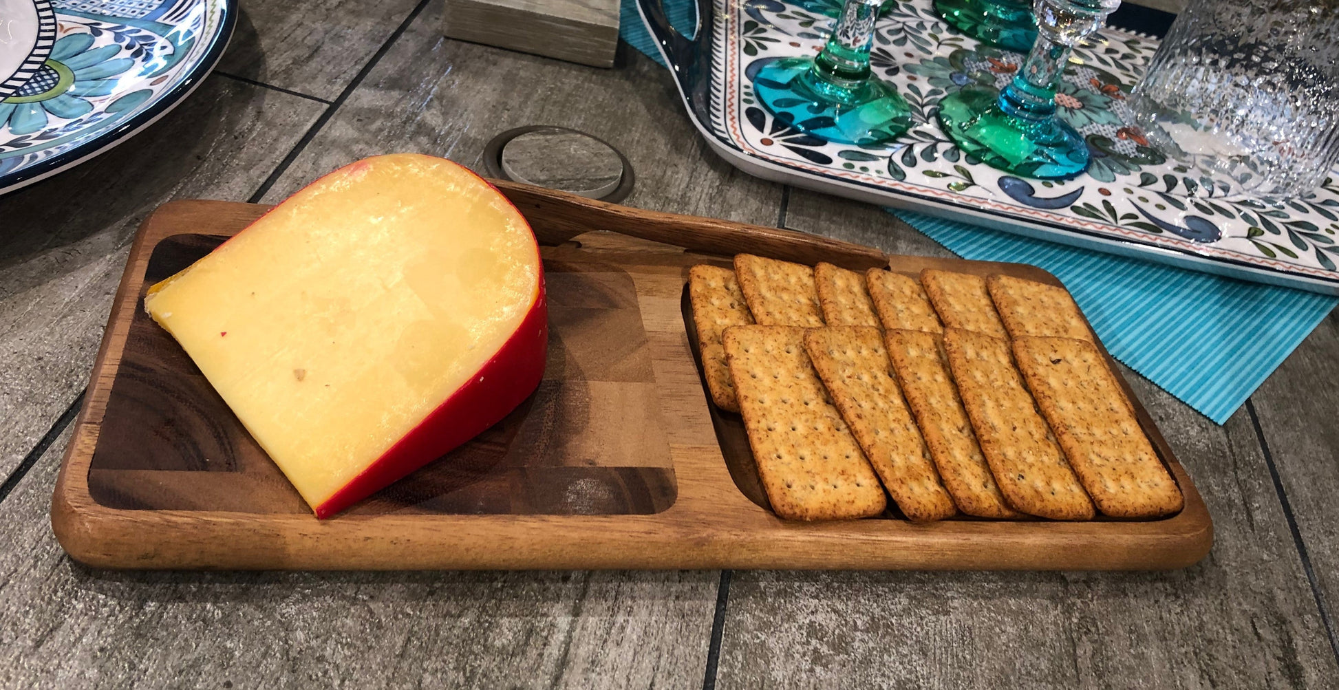 End Grain Cheese Board With Acacia Knife, Grooved Double Section Serving Board