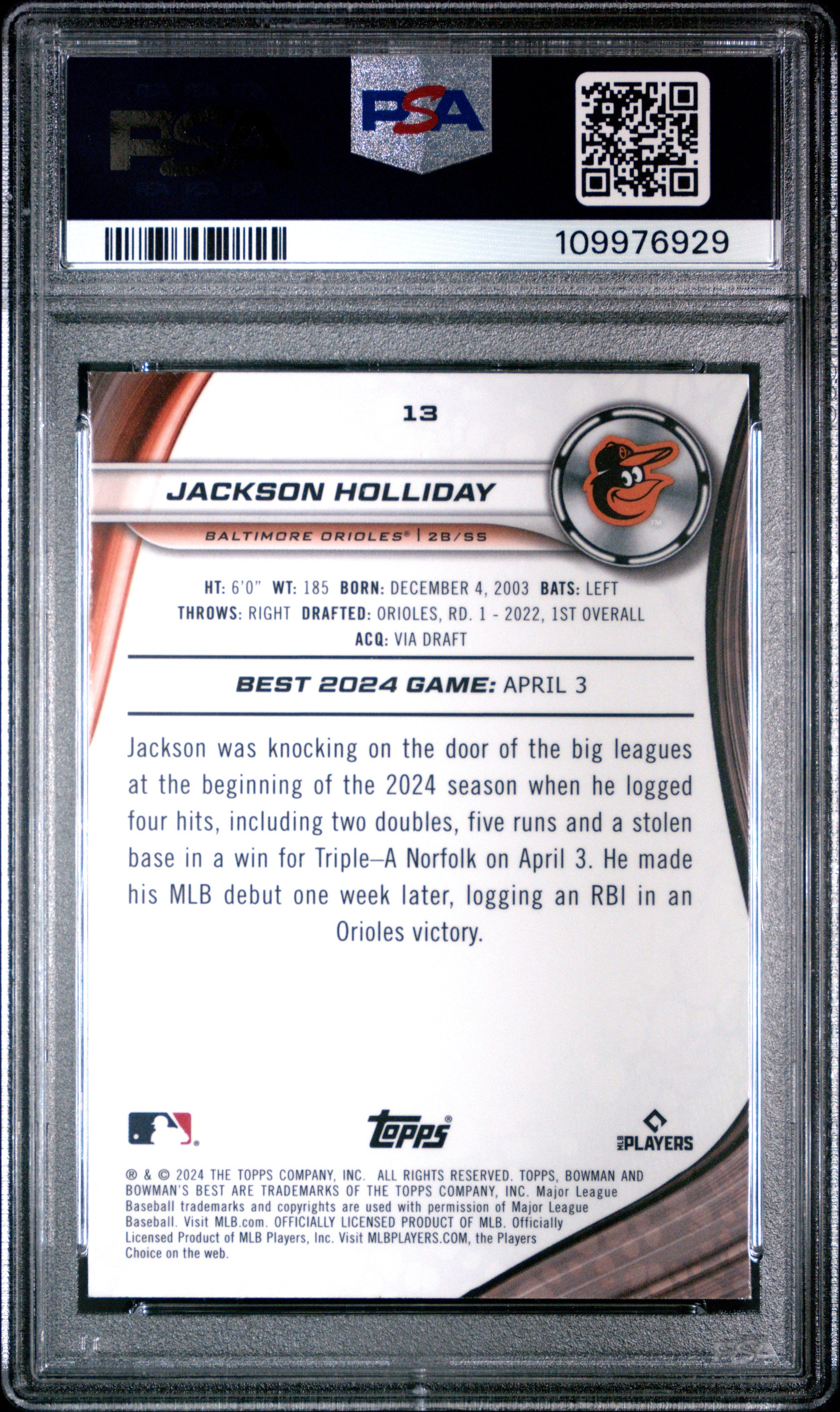 Graded 2024 Topps Bowmans Best Jackson Holliday #13 Rookie RC Baseball Card PSA 9 Mint