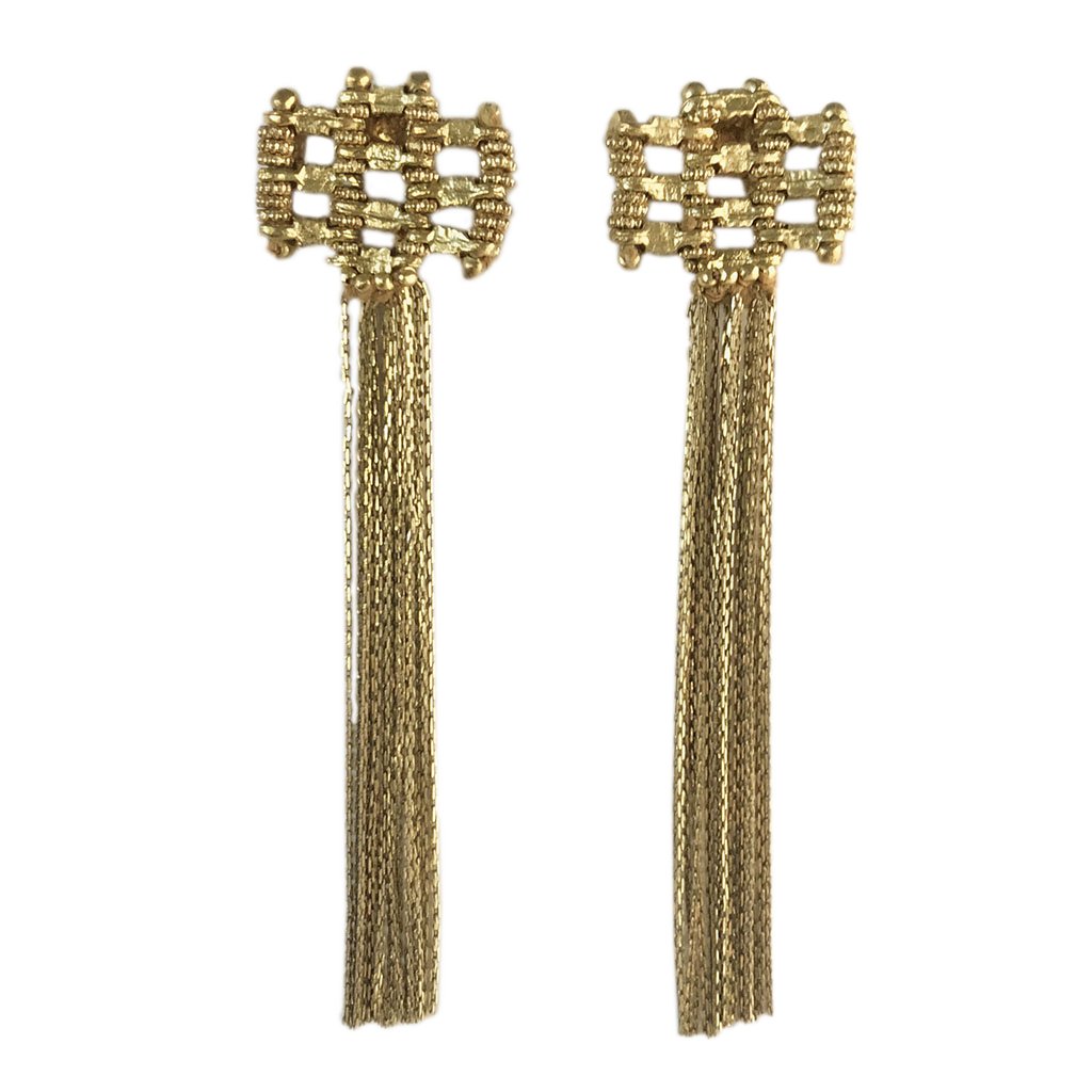 Beaded Fringe Statement Earrings Boho Indian Cotton Thread Metal 4.5in Drop