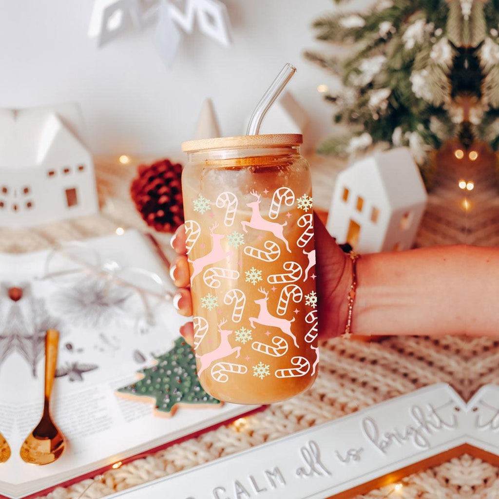 Festive 17oz Holiday Travel Mug Pastel Reindeer Snowflake Candy Cane Cup