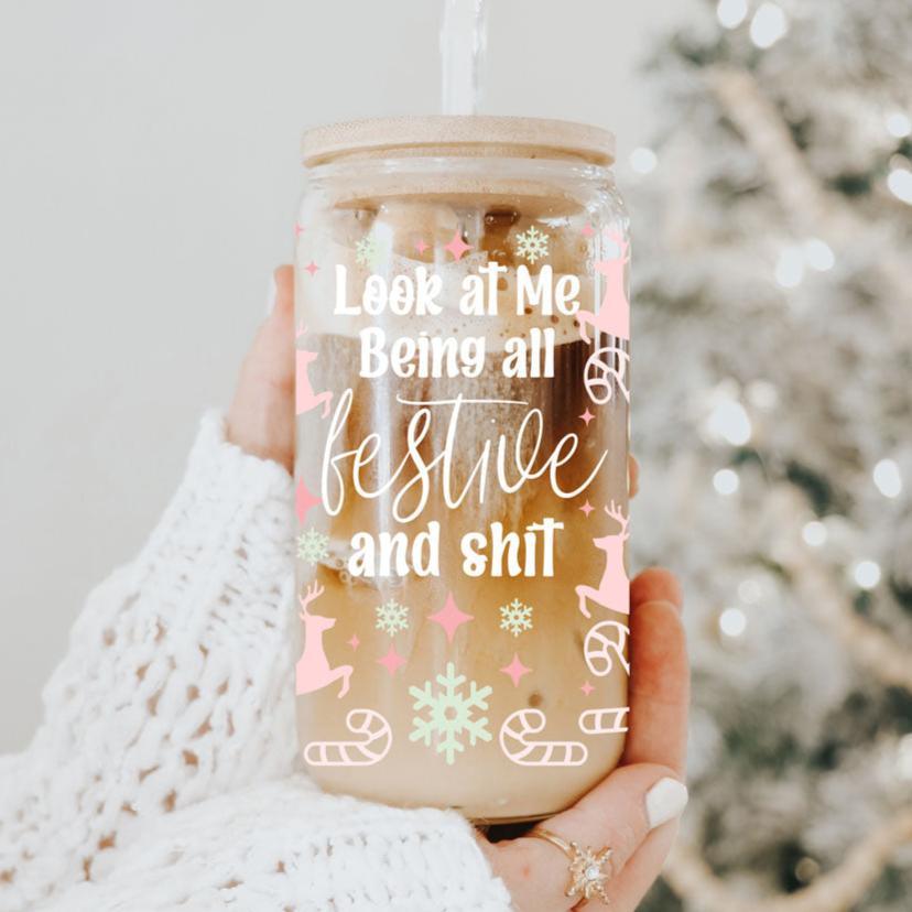 Festive 17oz Holiday Travel Mug Pastel Reindeer Snowflake Candy Cane Cup