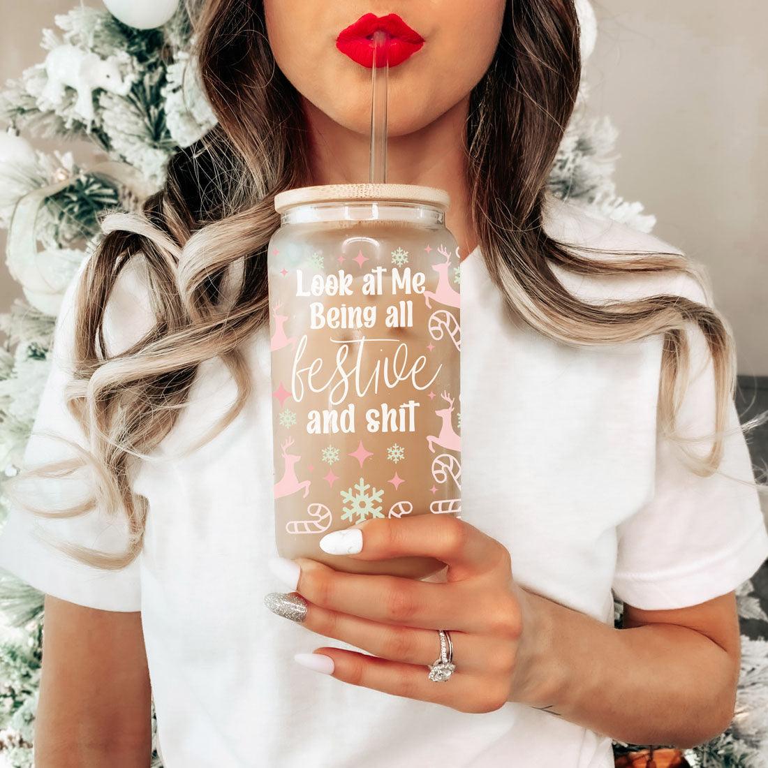 Festive 17oz Holiday Travel Mug Pastel Reindeer Snowflake Candy Cane Cup