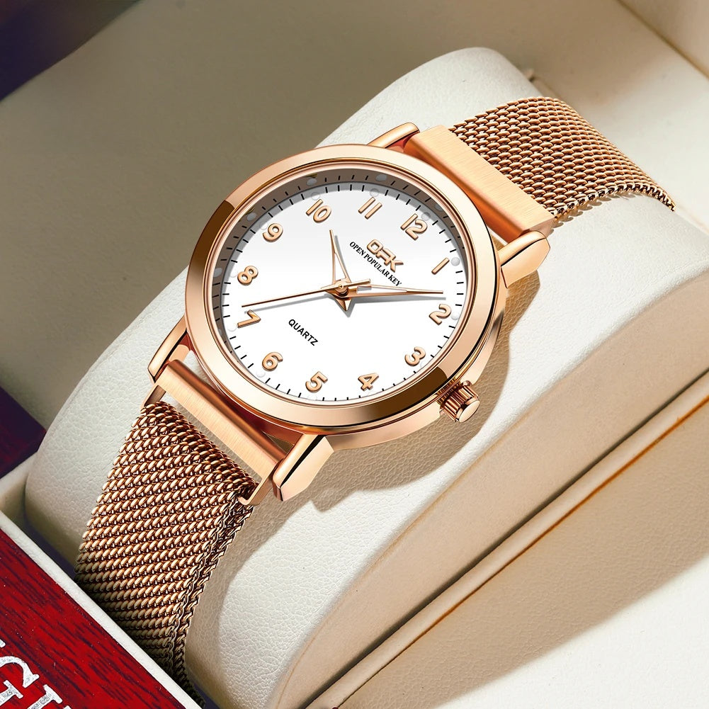 Women's Rose Gold Mesh Quartz Watch Slim Luminous Waterproof