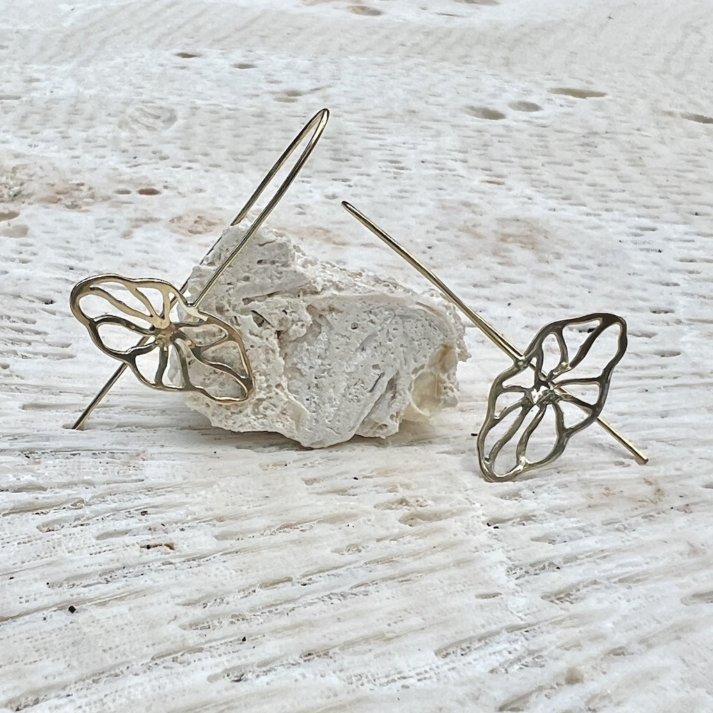 Flower Pull Threader Earrings Recycled Brass Lightweight Floral Dangle Handmade