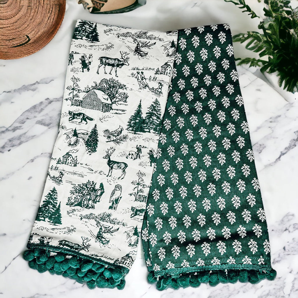 Forest Green Christmas Dish Towels Of 2 - 100 Percent Cotton Super Absorbent
