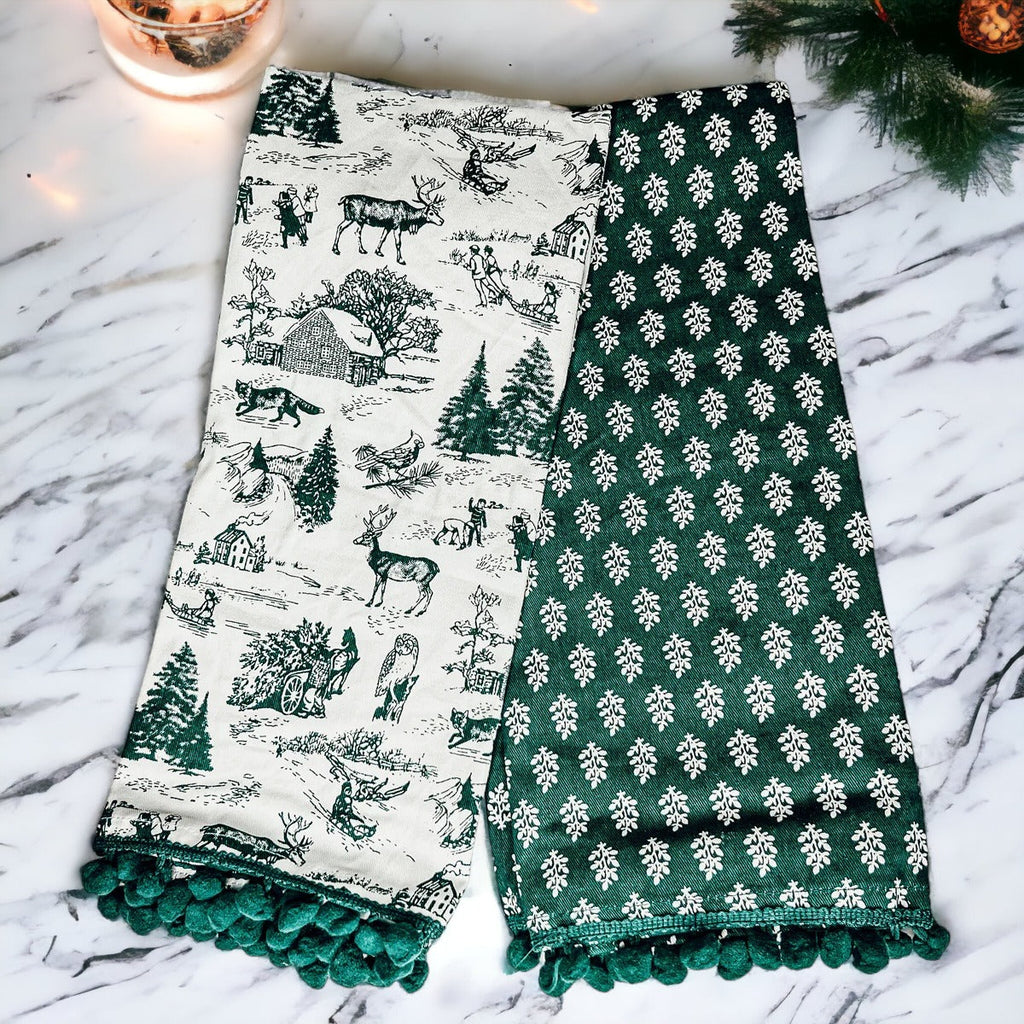 Forest Green Christmas Dish Towels Of 2 - 100 Percent Cotton Super Absorbent