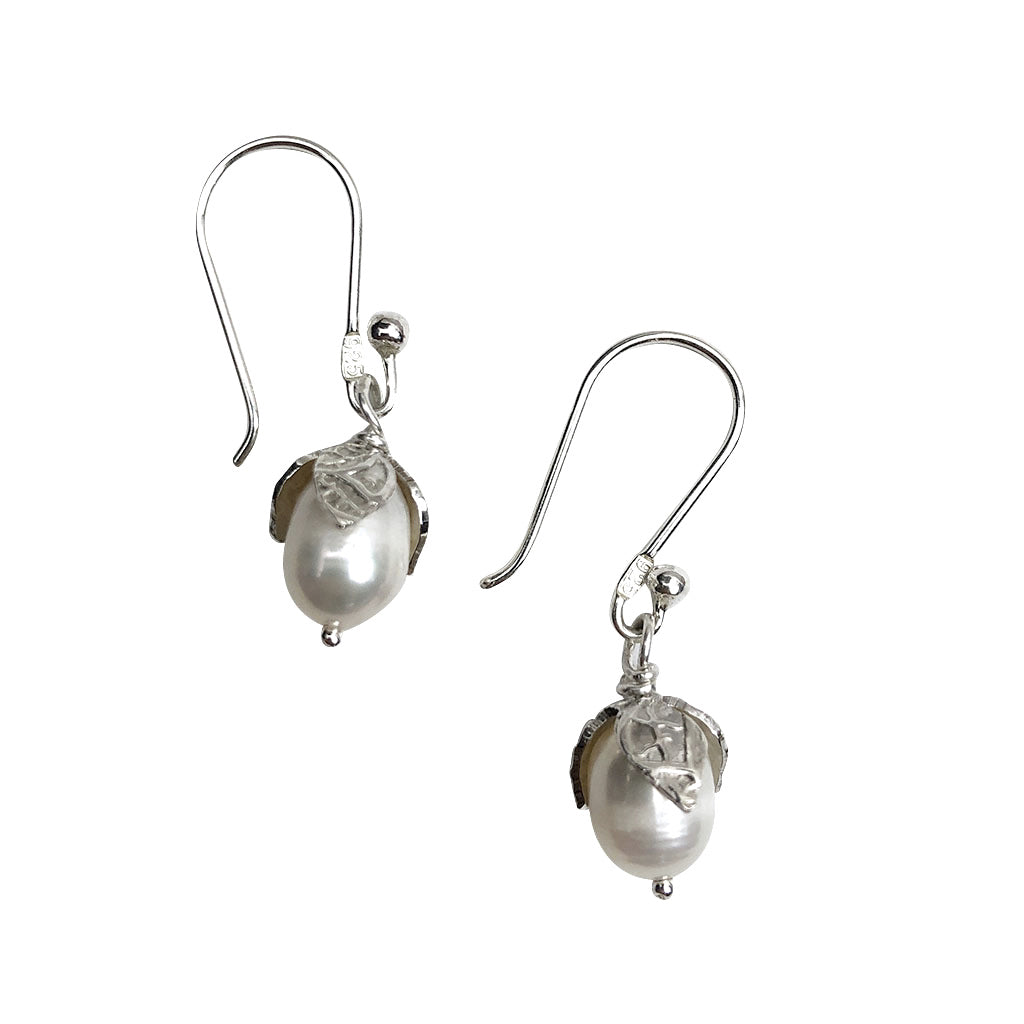 Freshwater Pearl Teardrop Earrings Sterling Silver Leaf Detail 1.5in Handmade