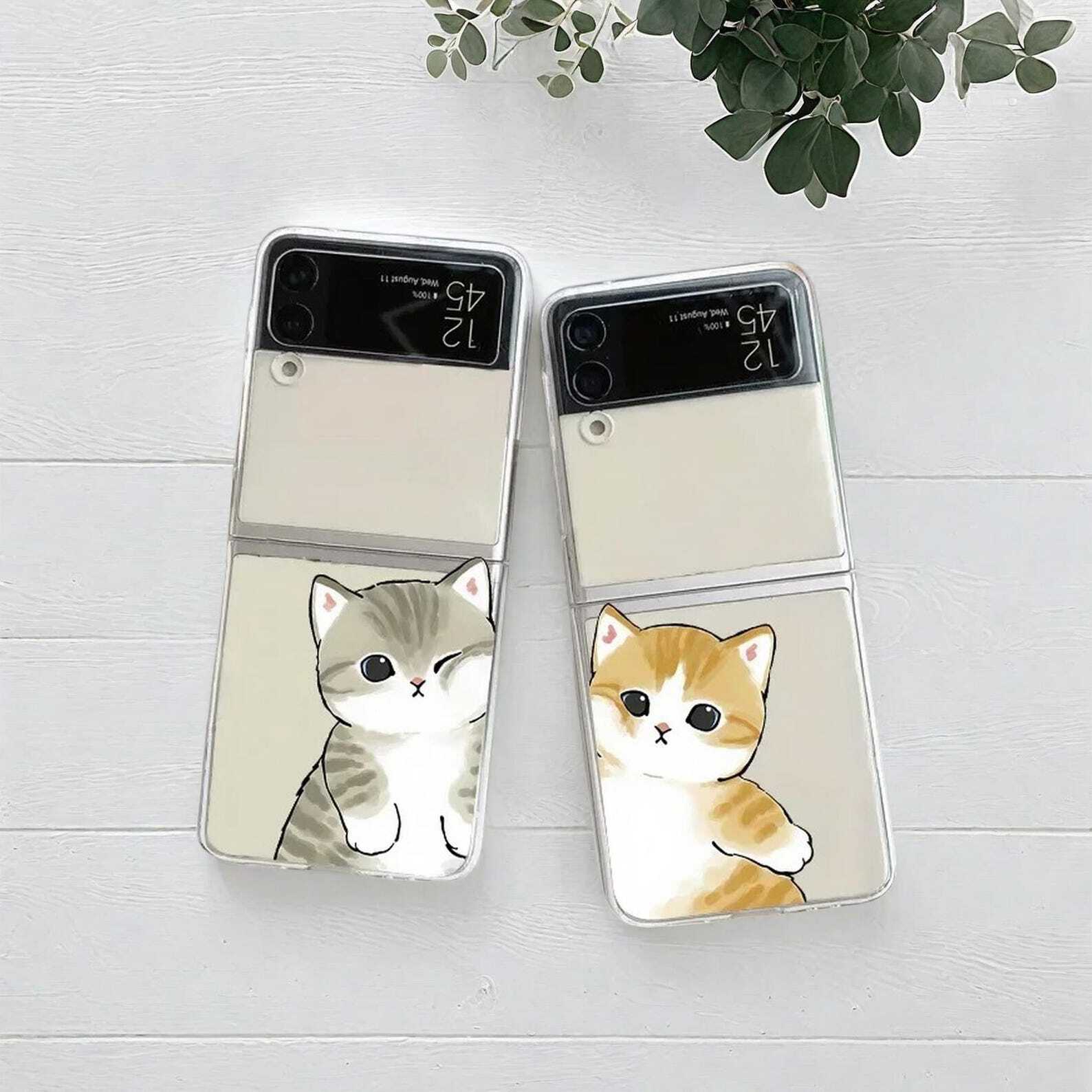 Cute Cat Couple Clear Case for Samsung Galaxy Z Flip 6/5/4/3 - Transparent Paired Cover with Adorable Design and Durable Protection