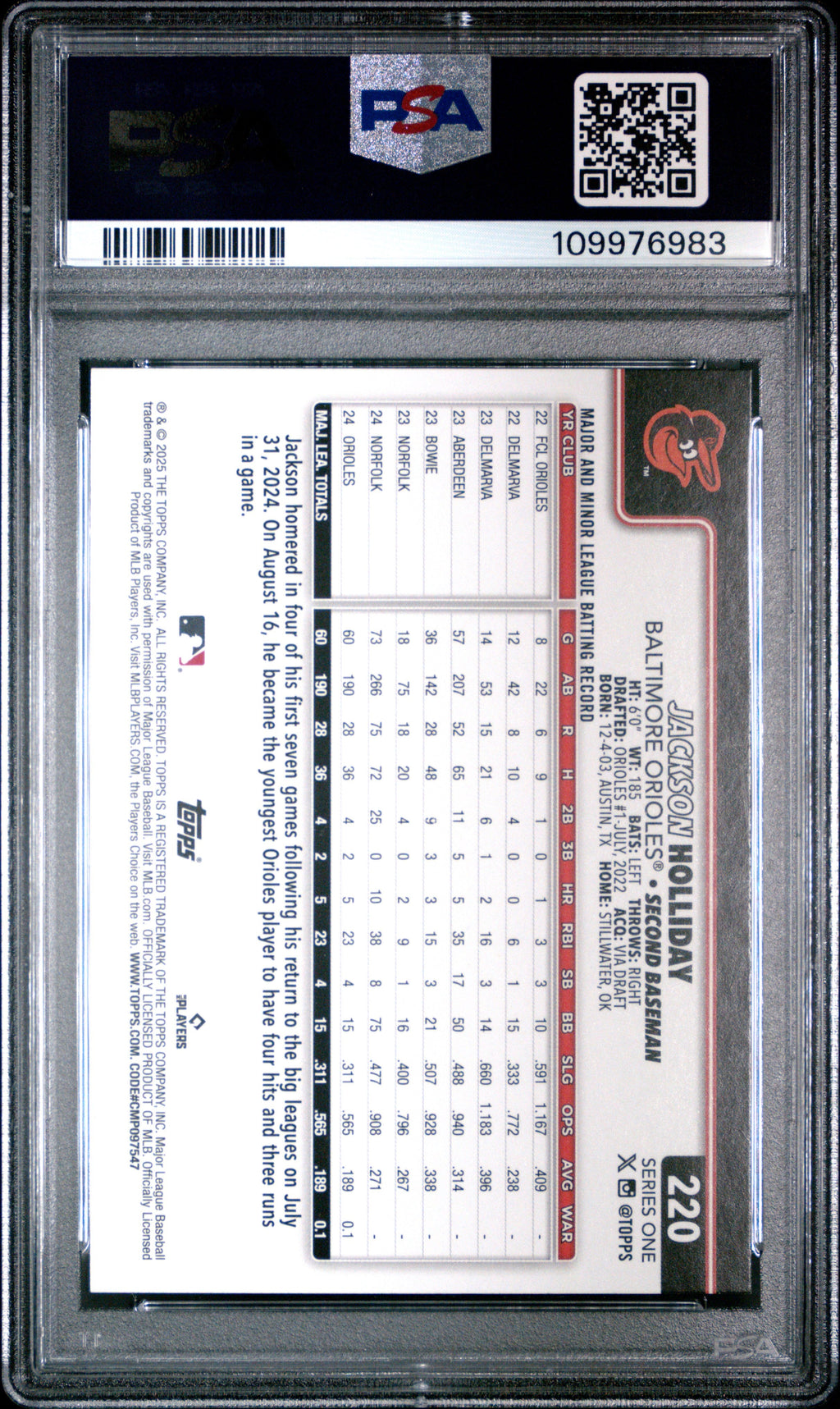 Graded 2025 Topps Jackson Holliday #220 Future Stars Baseball Card PSA 10 Gem Mint