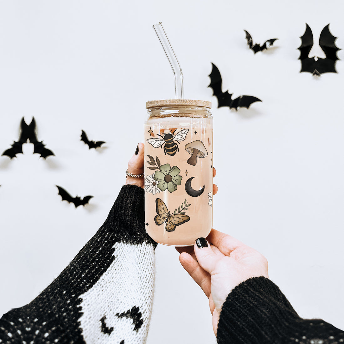 Fall Cottagecore 20oz Glass Tumbler Bamboo Lid Stainless Straws Hocus Pocus