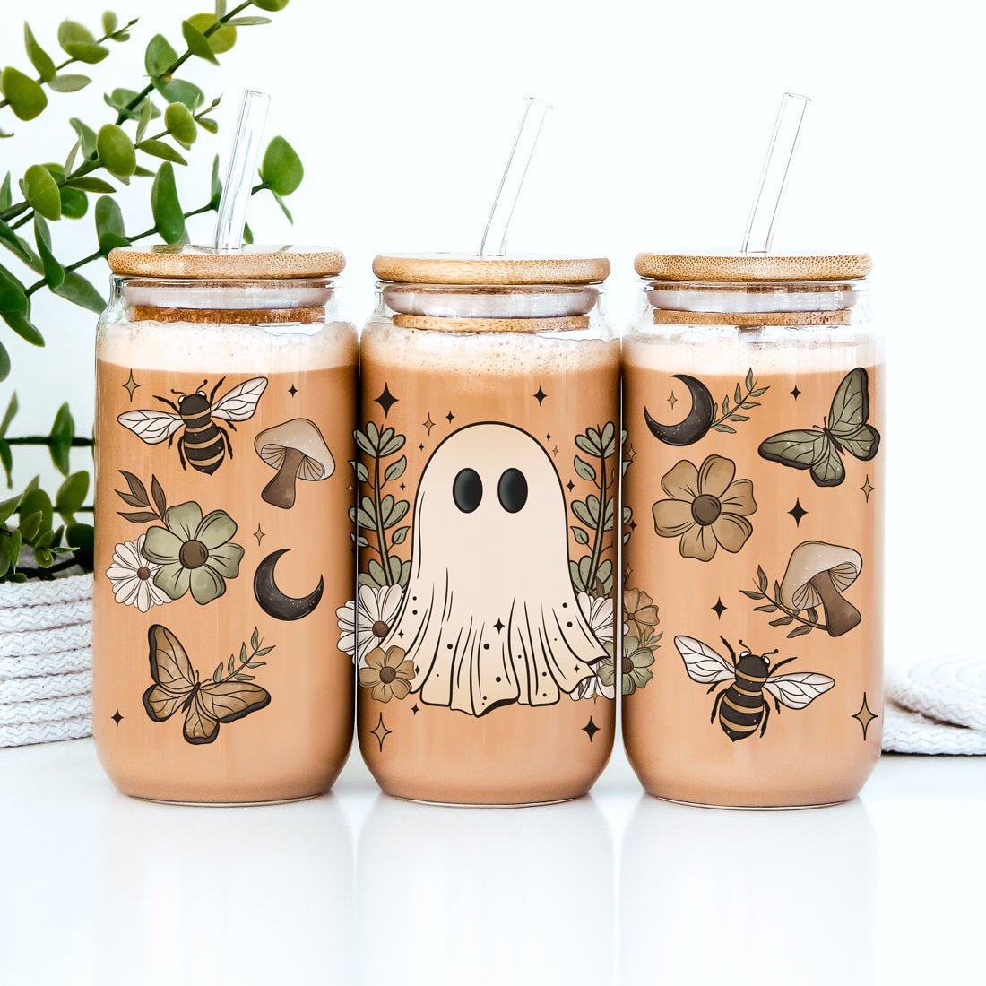 Fall Cottagecore 20oz Glass Tumbler Bamboo Lid Stainless Straws Hocus Pocus