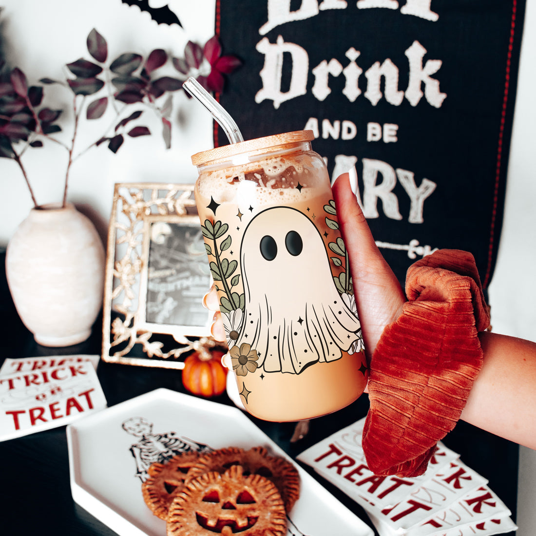 Fall Cottagecore 20oz Glass Tumbler Bamboo Lid Stainless Straws Hocus Pocus