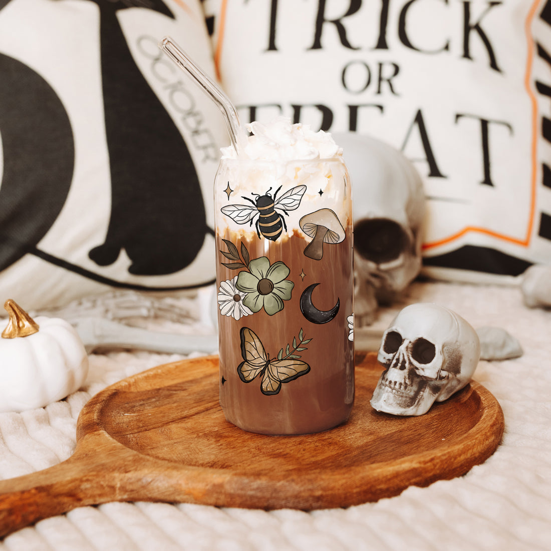 Fall Cottagecore 20oz Glass Tumbler Bamboo Lid Stainless Straws Hocus Pocus