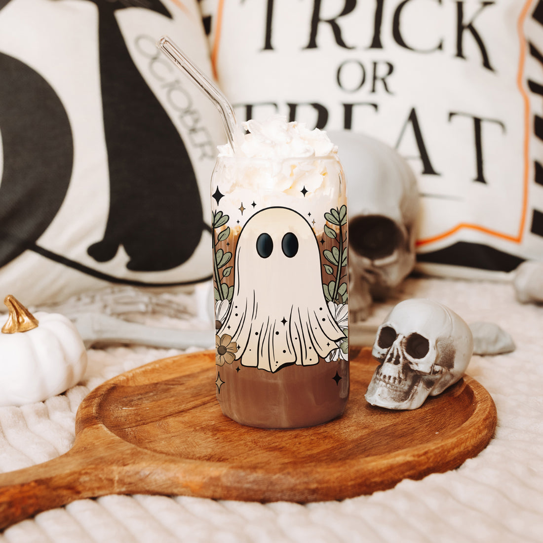 Fall Cottagecore 20oz Glass Tumbler Bamboo Lid Stainless Straws Hocus Pocus