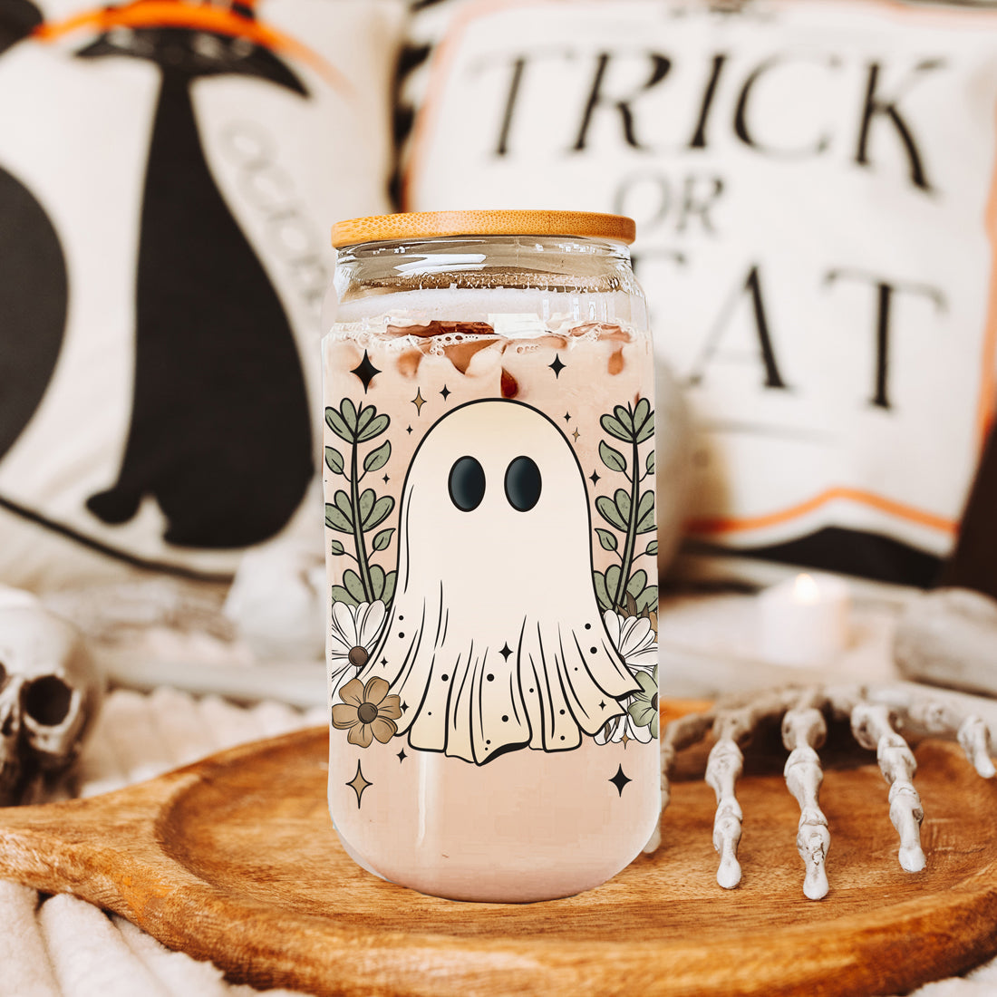 Fall Cottagecore 20oz Glass Tumbler Bamboo Lid Stainless Straws Hocus Pocus