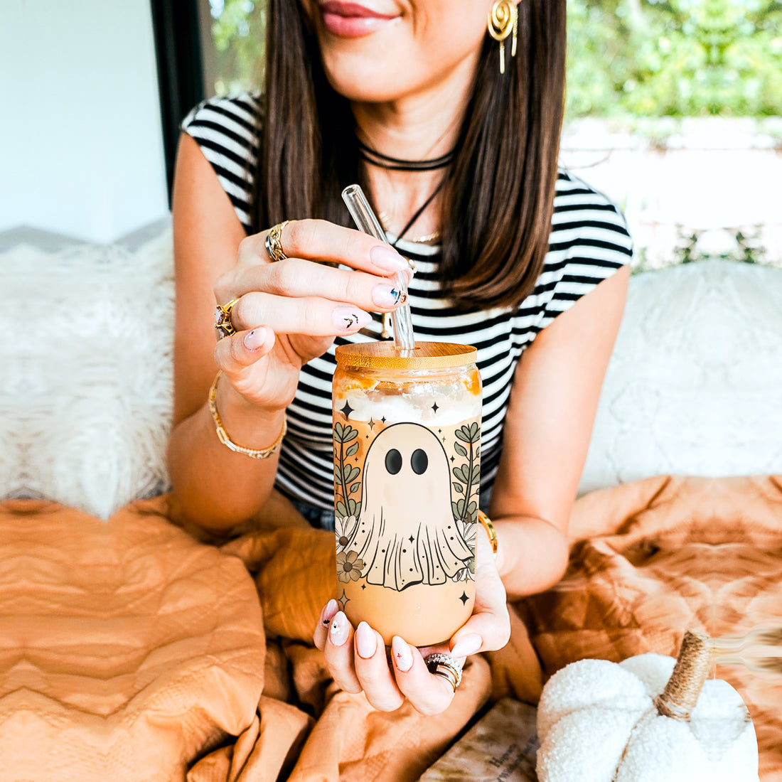 Fall Cottagecore 20oz Glass Tumbler Bamboo Lid Stainless Straws Hocus Pocus