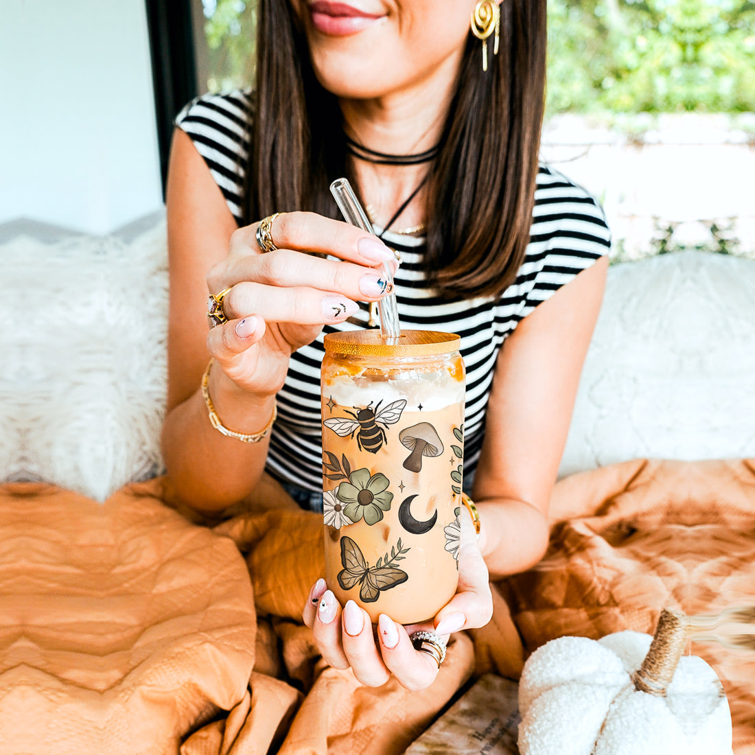 Fall Cottagecore 20oz Glass Tumbler Bamboo Lid Stainless Straws Hocus Pocus