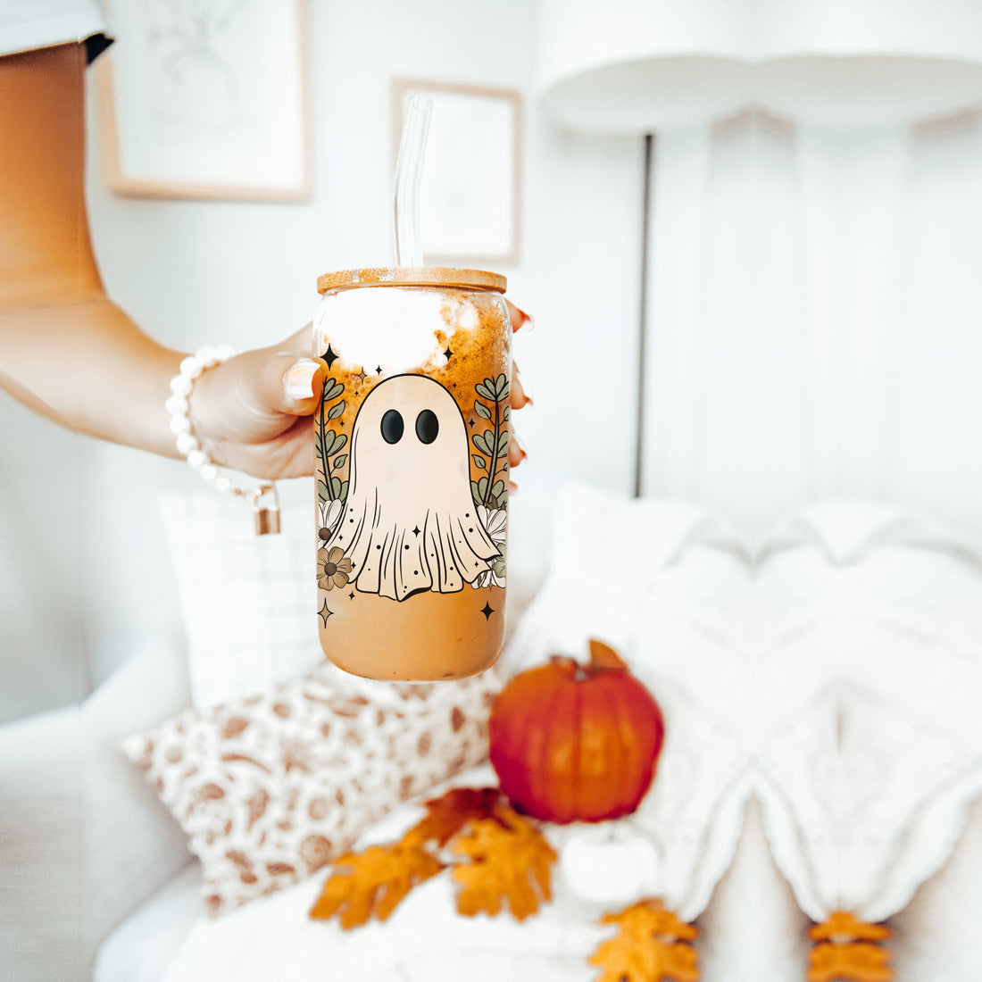 Fall Cottagecore 20oz Glass Tumbler Bamboo Lid Stainless Straws Hocus Pocus