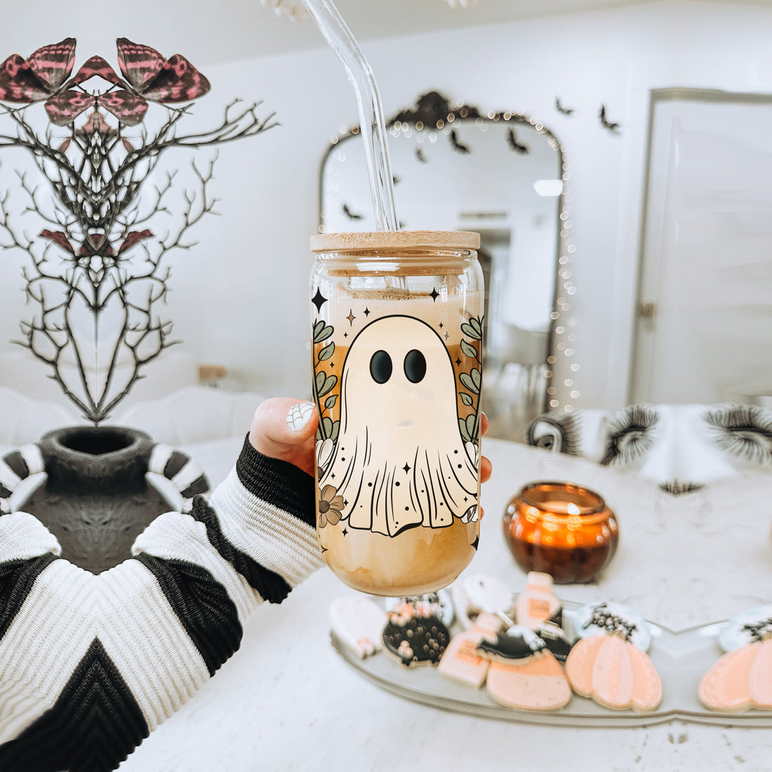 Fall Cottagecore 20oz Glass Tumbler Bamboo Lid Stainless Straws Hocus Pocus