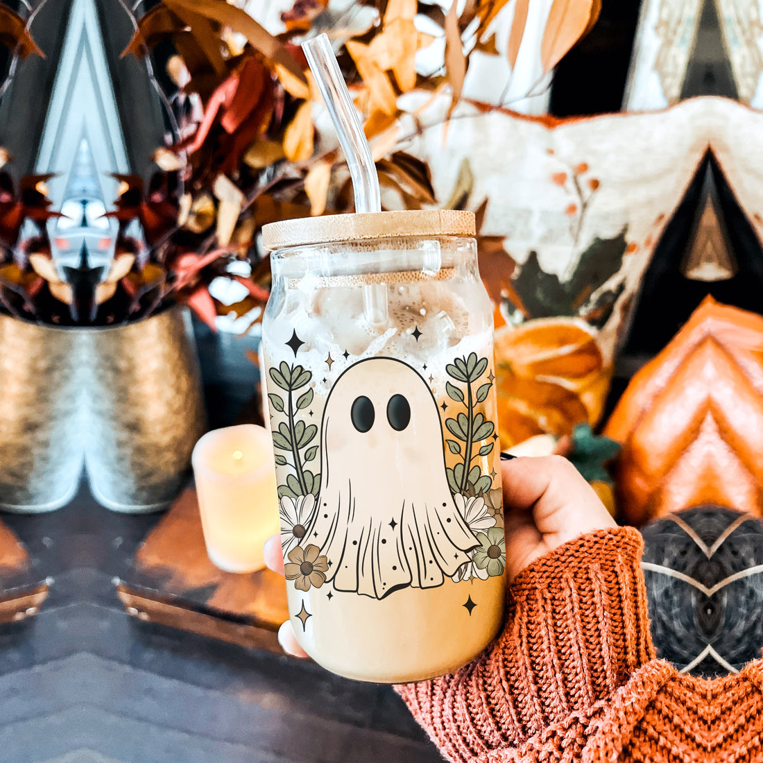 Fall Cottagecore 20oz Glass Tumbler Bamboo Lid Stainless Straws Hocus Pocus