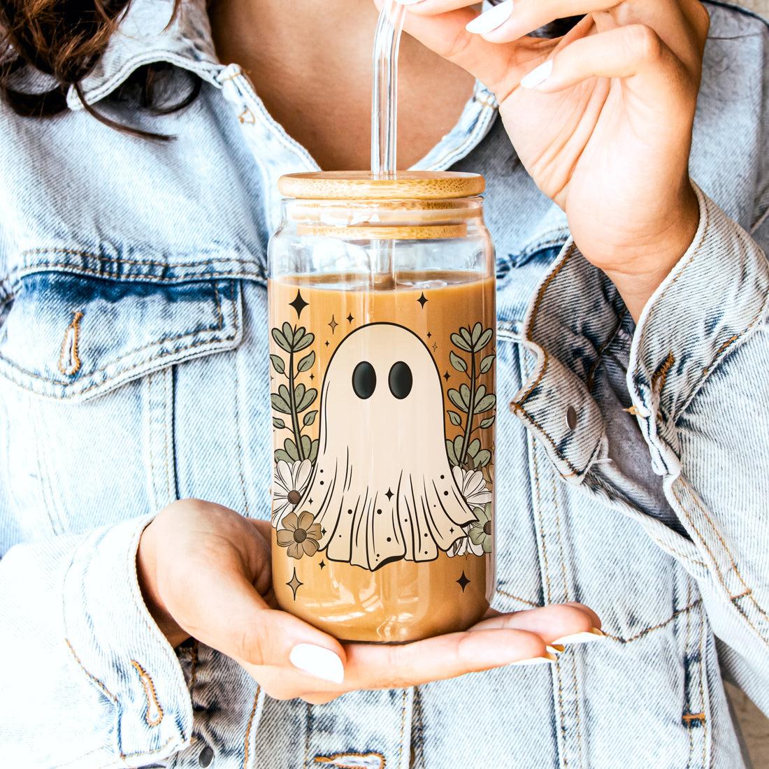 Fall Cottagecore 20oz Glass Tumbler Bamboo Lid Stainless Straws Hocus Pocus