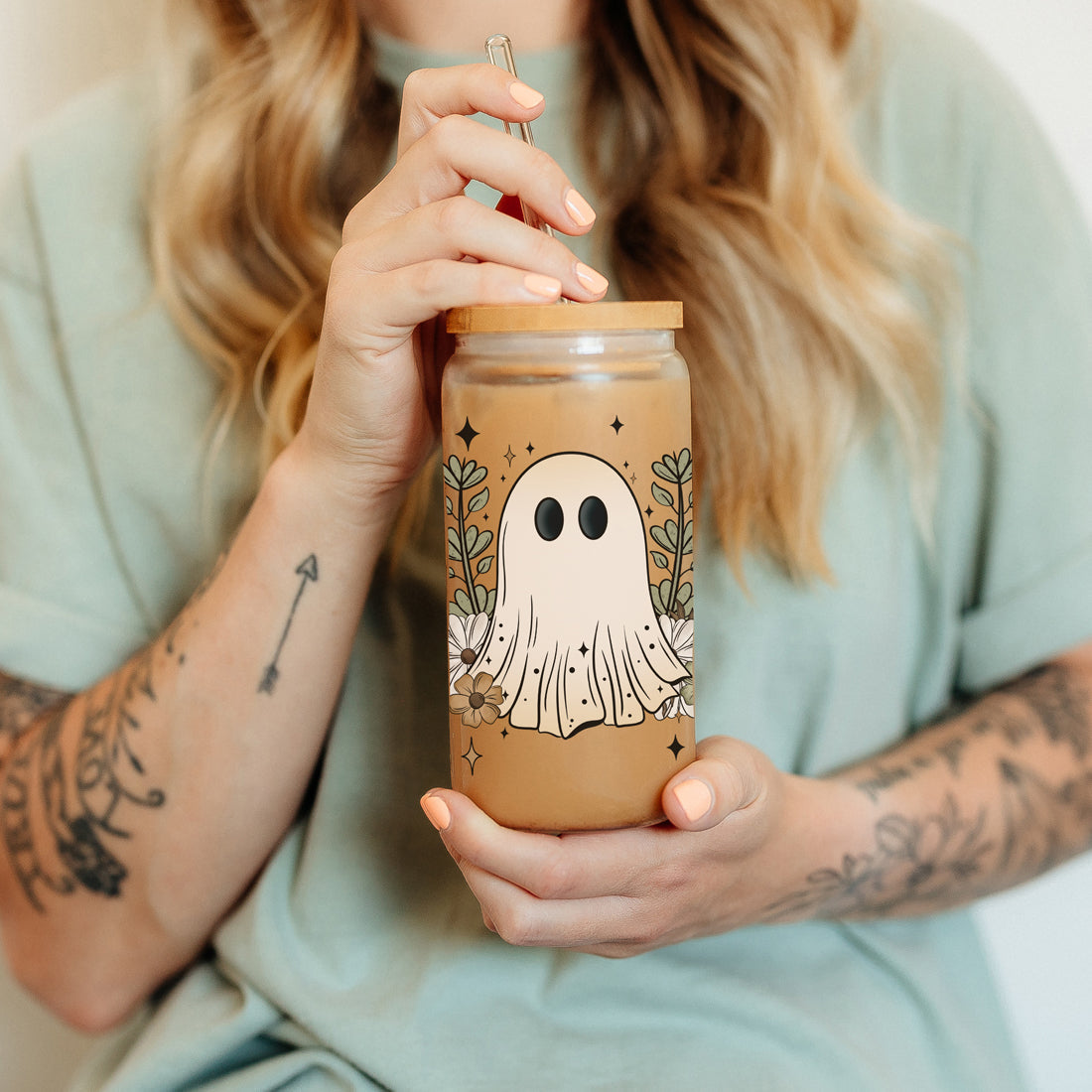 Fall Cottagecore 20oz Glass Tumbler Bamboo Lid Stainless Straws Hocus Pocus