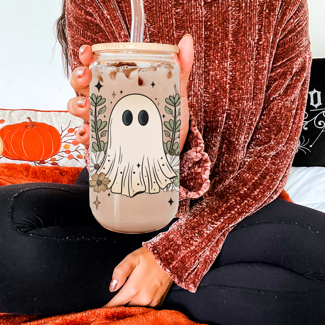 Fall Cottagecore 20oz Glass Tumbler Bamboo Lid Stainless Straws Hocus Pocus