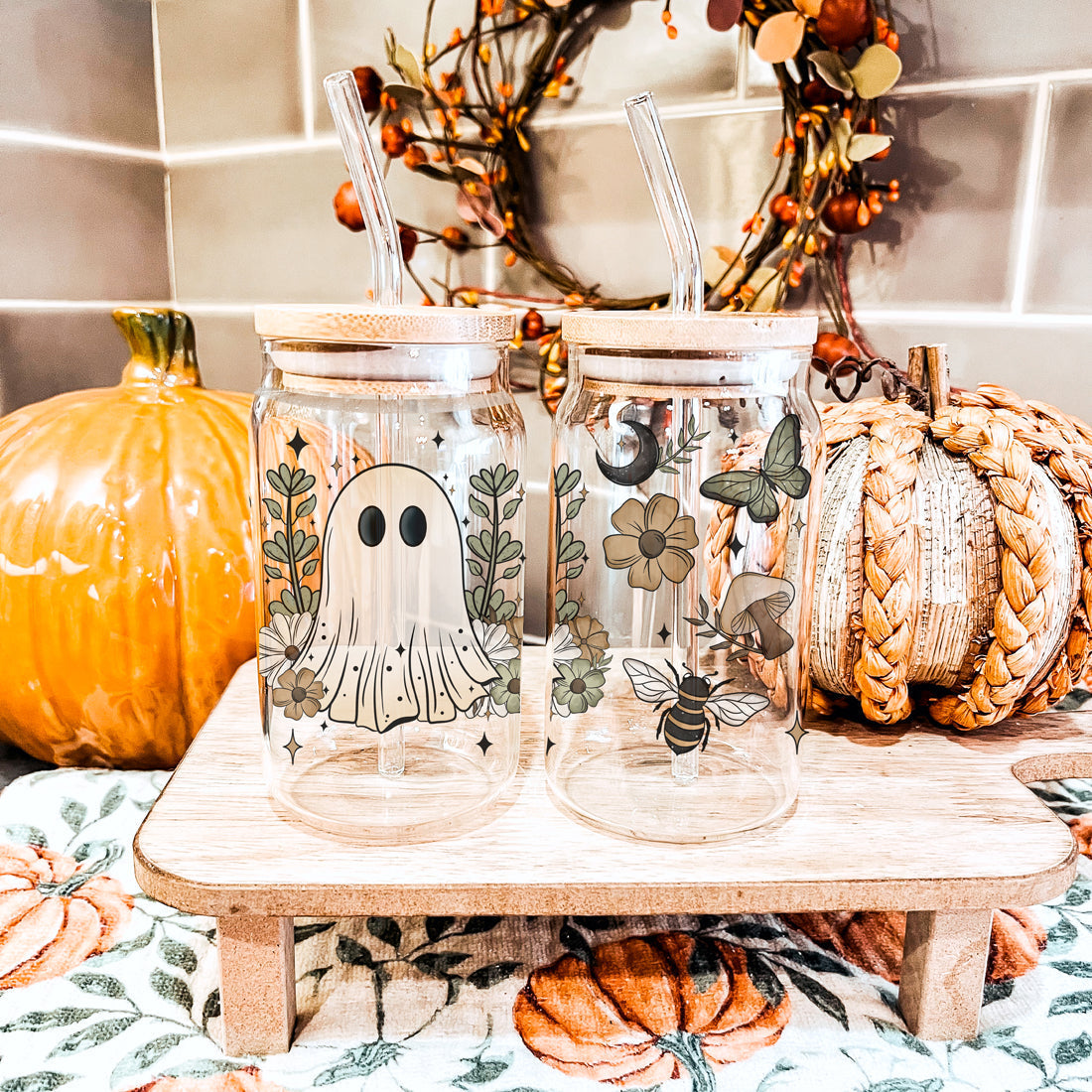Fall Cottagecore 20oz Glass Tumbler Bamboo Lid Stainless Straws Hocus Pocus