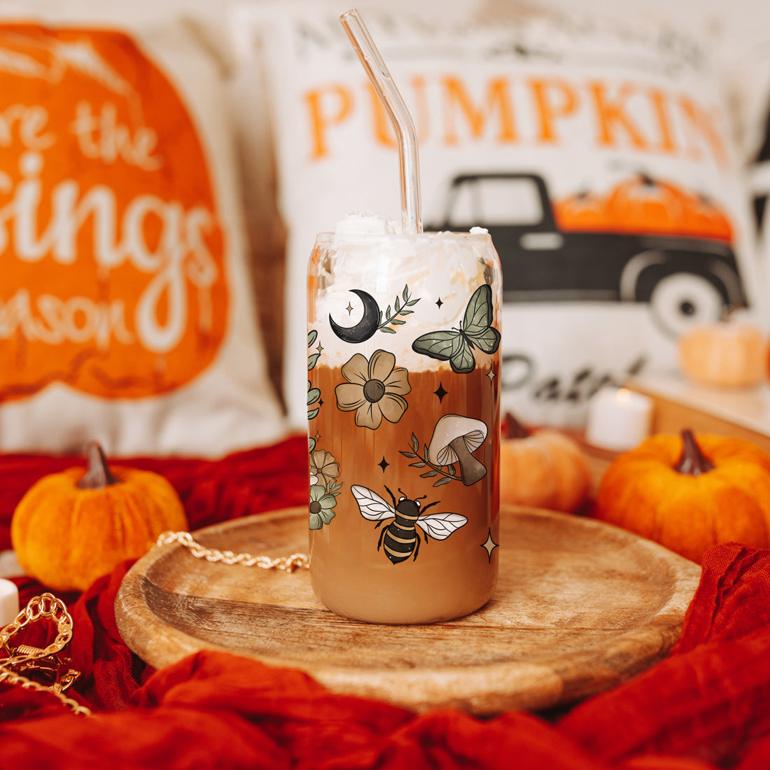 Fall Cottagecore 20oz Glass Tumbler Bamboo Lid Stainless Straws Hocus Pocus