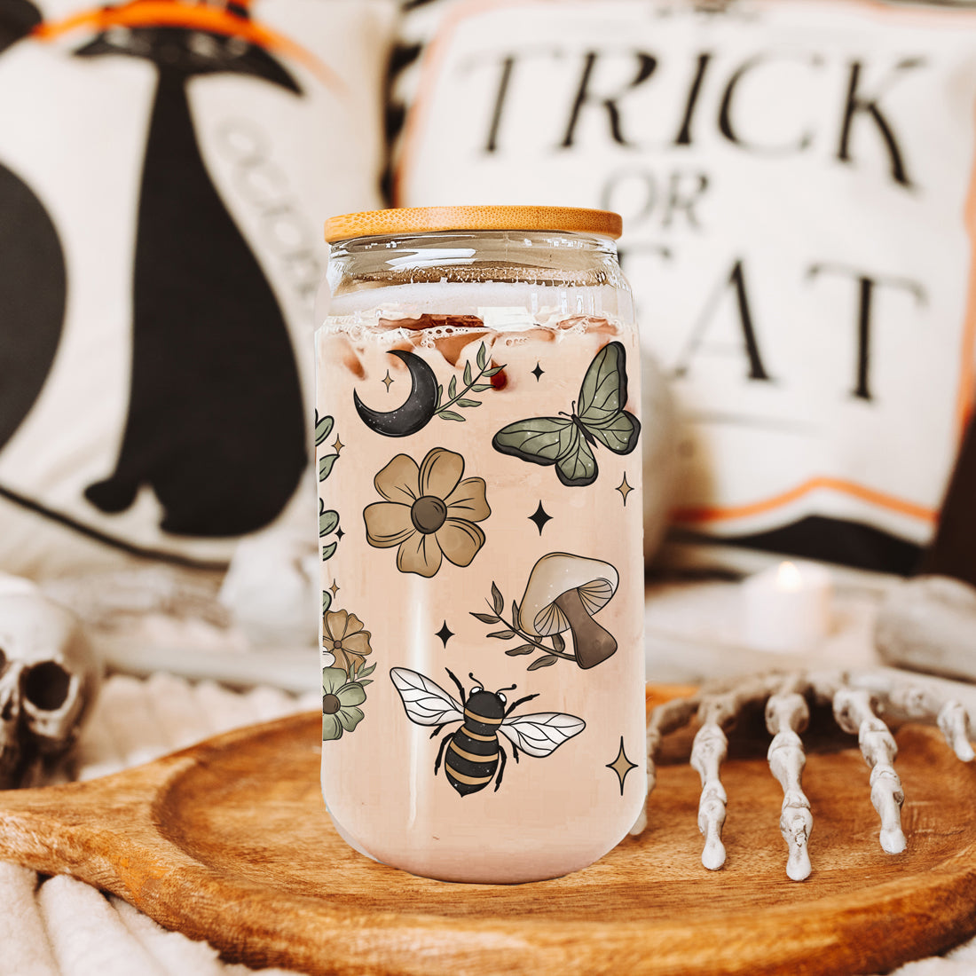 Fall Cottagecore 20oz Glass Tumbler Bamboo Lid Stainless Straws Hocus Pocus