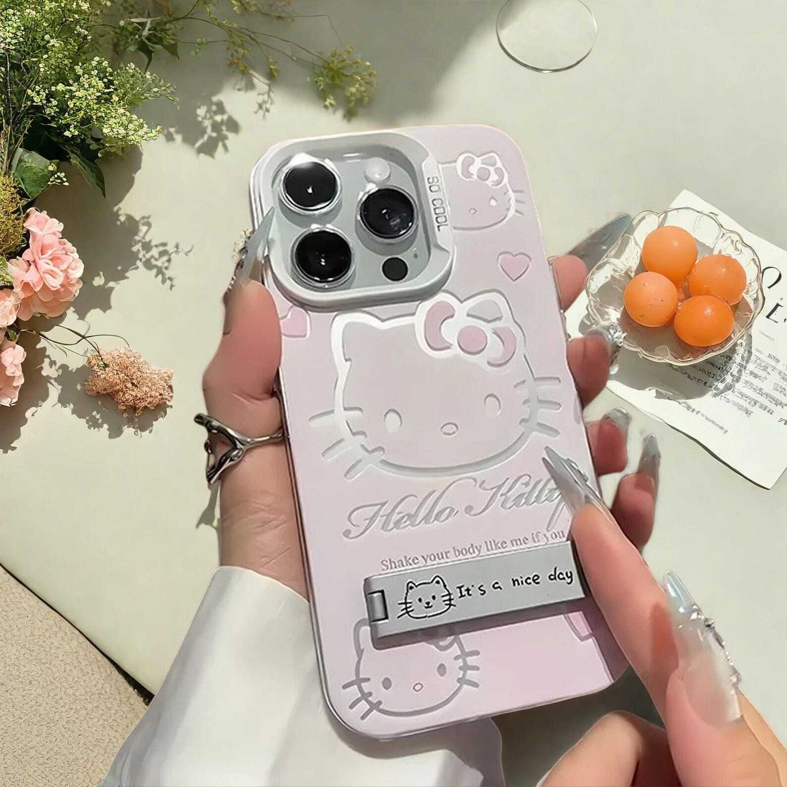 Luxury Pink Kitty Case with Stand for iPhone 16 15 14 13 12 11 Pro Max Plus - Soft Silicone Anti-Drop Protective Cover with Bracket