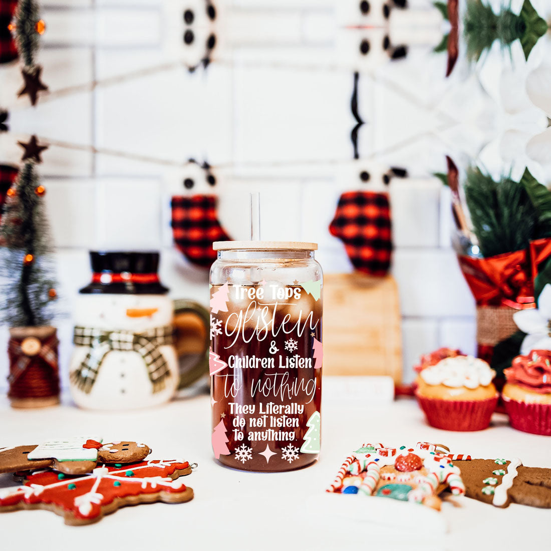 Holiday Funny Insulated Tumbler 17oz Tree Tops Glisten Children Don't Listen Coffee Cup