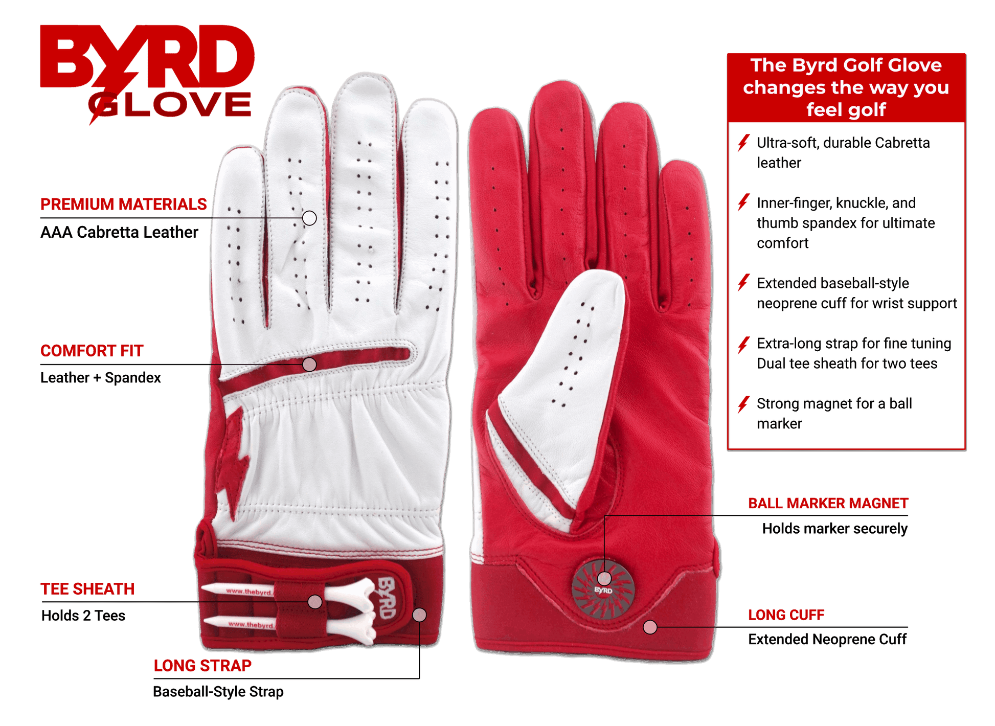 THE BYRD GOLF GLOVE ∞ White/Red