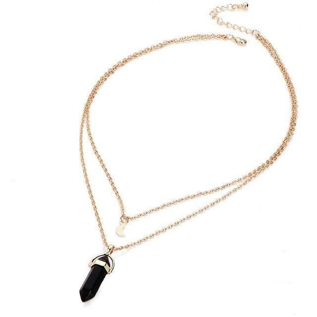Gold Crescent Moon Layered Obelisk Crystal Necklace