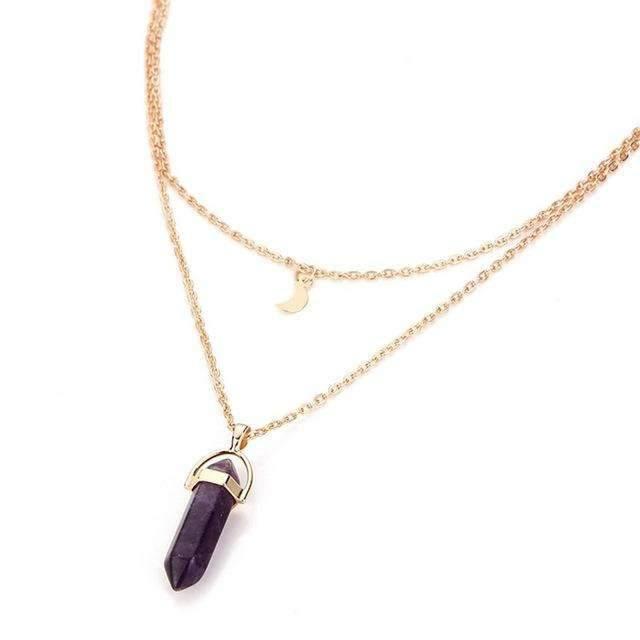 Gold Crescent Moon Layered Obelisk Crystal Necklace