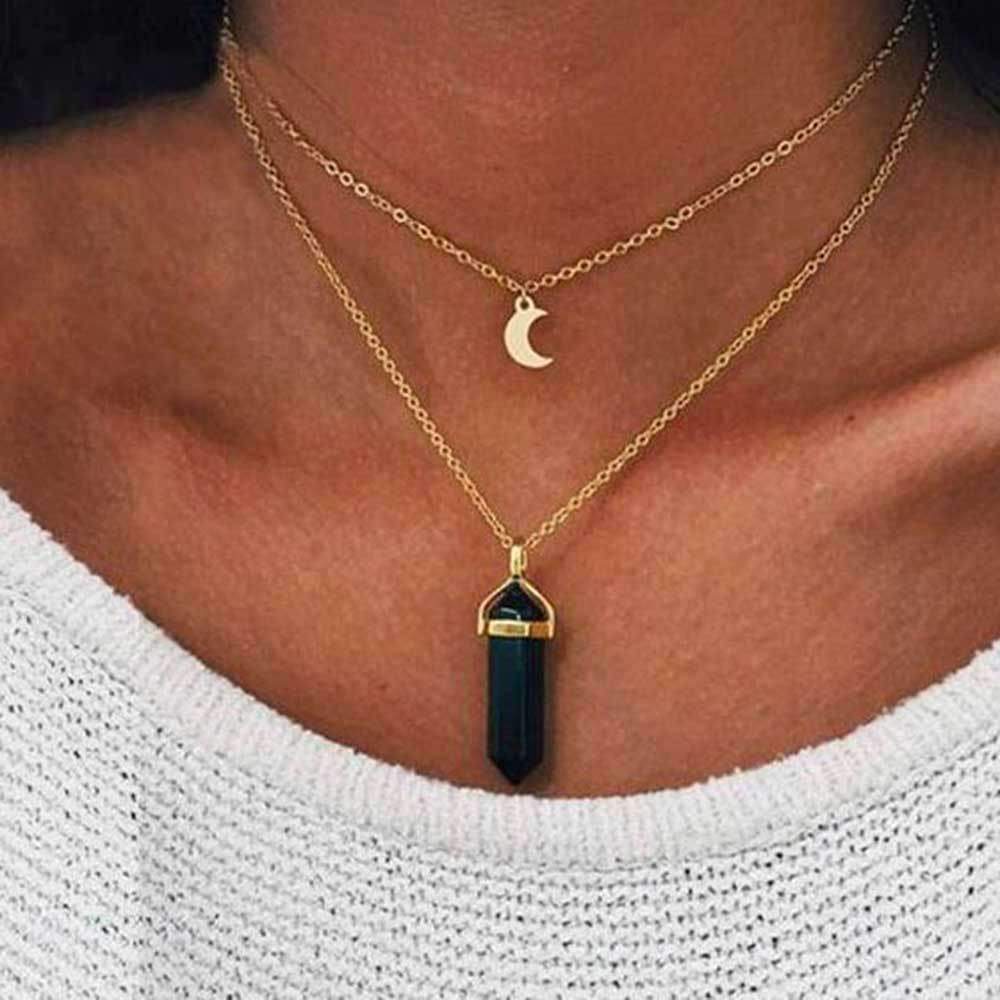 Gold Crescent Moon Layered Obelisk Crystal Necklace