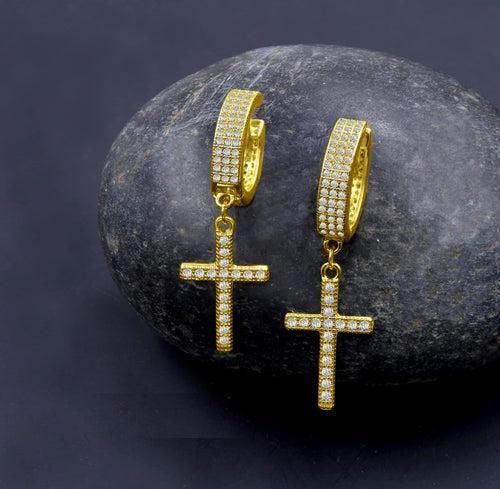 925 Sterling Silver CZ Cross Huggie Hoop Delicate Earrings