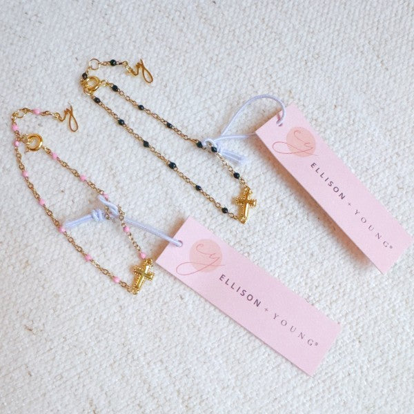 Gold Dainty Cross Chain Bracelet With Black Beads Adjustable