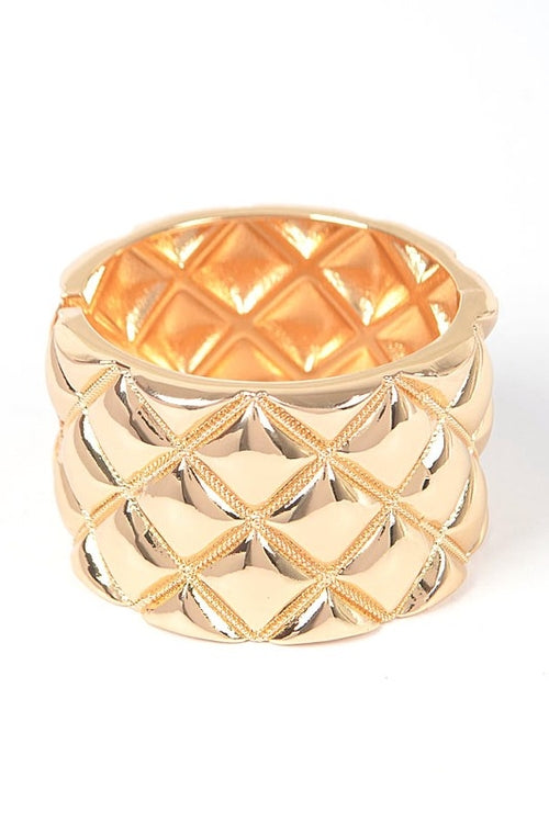 Gold Embossed Hinged Bangle Bracelet Wide Quilted Cuff