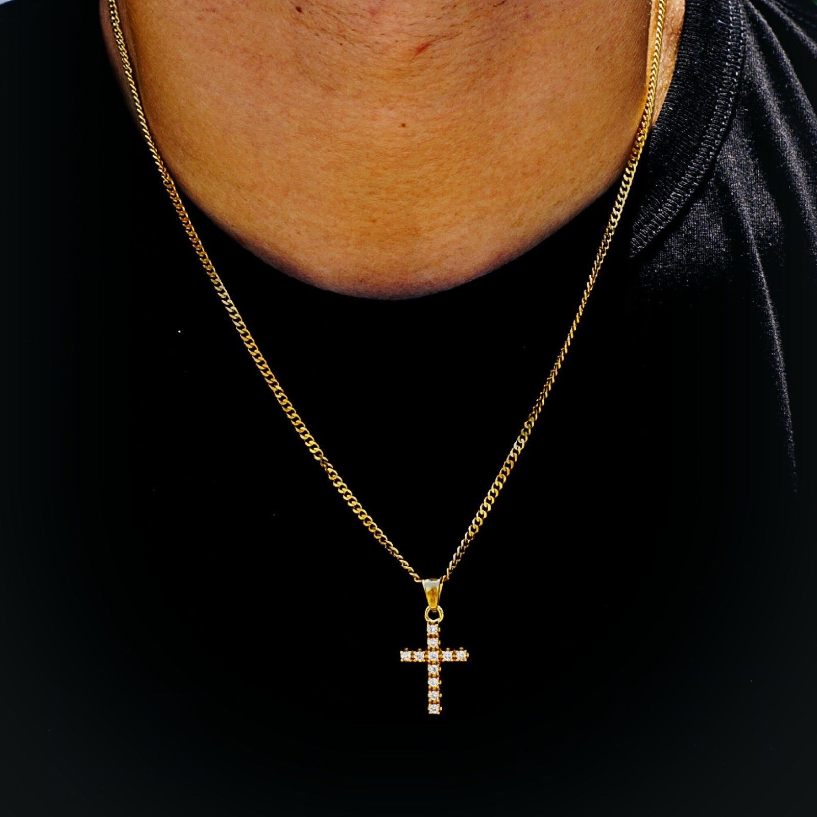 Gold Finish Steel Cross Pendant Necklace With Pave Stones