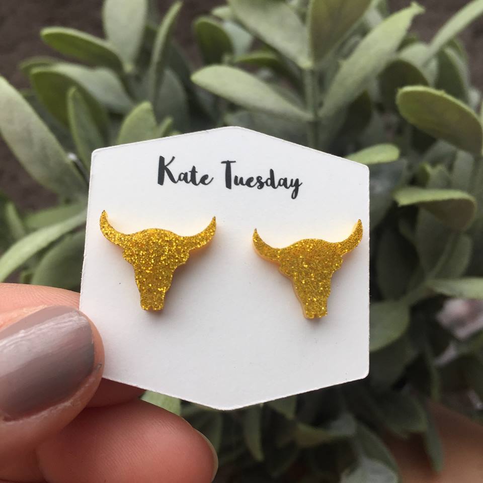 Gold Glitter Steer Head Stud Earrings Acrylic Boho Chic
