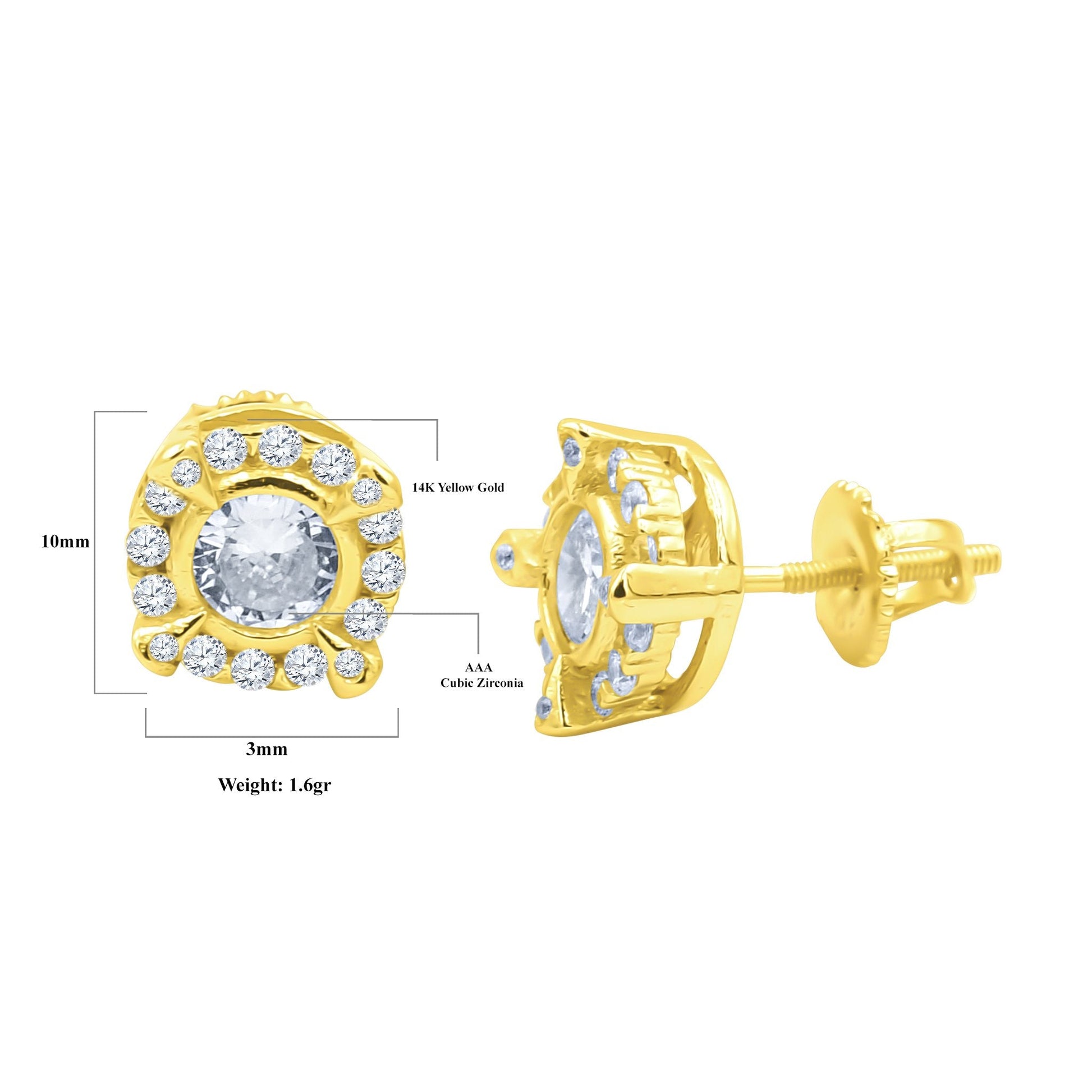Gold Halo Pave Stud Earrings Screw Back Round Cubic