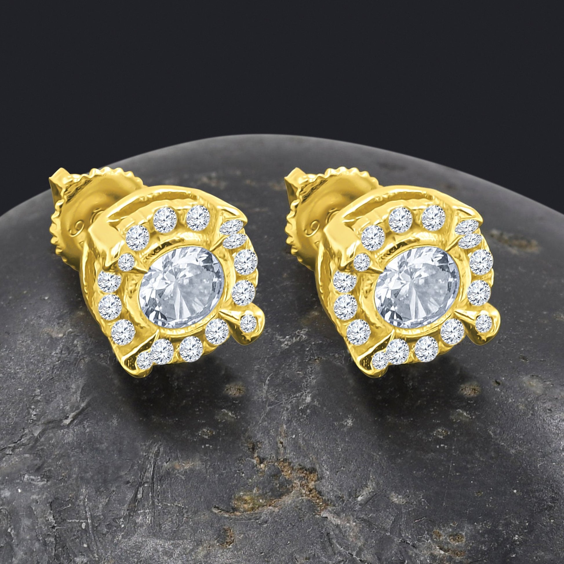 Gold Halo Pave Stud Earrings Screw Back Round Cubic