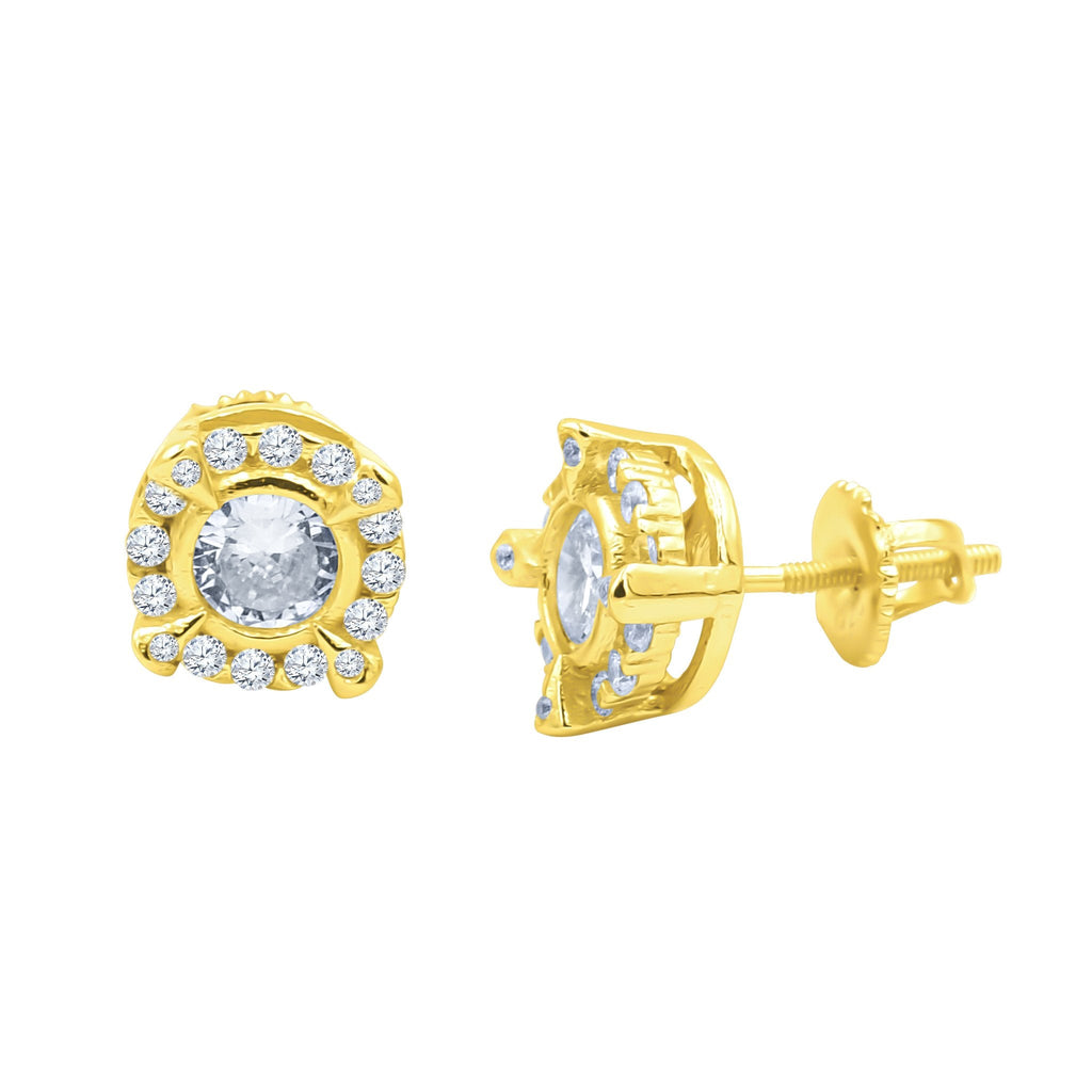 Gold Halo Pave Stud Earrings Screw Back Round Cubic