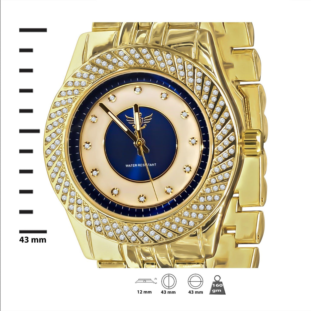 Gold Iced Out Hip Hop Watch Blue Dial Quartz Movement
